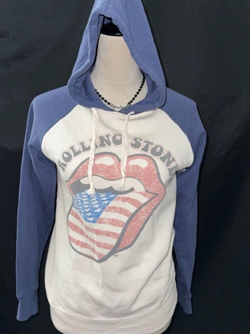 the Rolling Stones White & Blue Raglan Hooded Sweatshirt with Tongue Logo